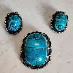 Antique Egyptian Scarabs Earrings and Brooch Set Silver Faience